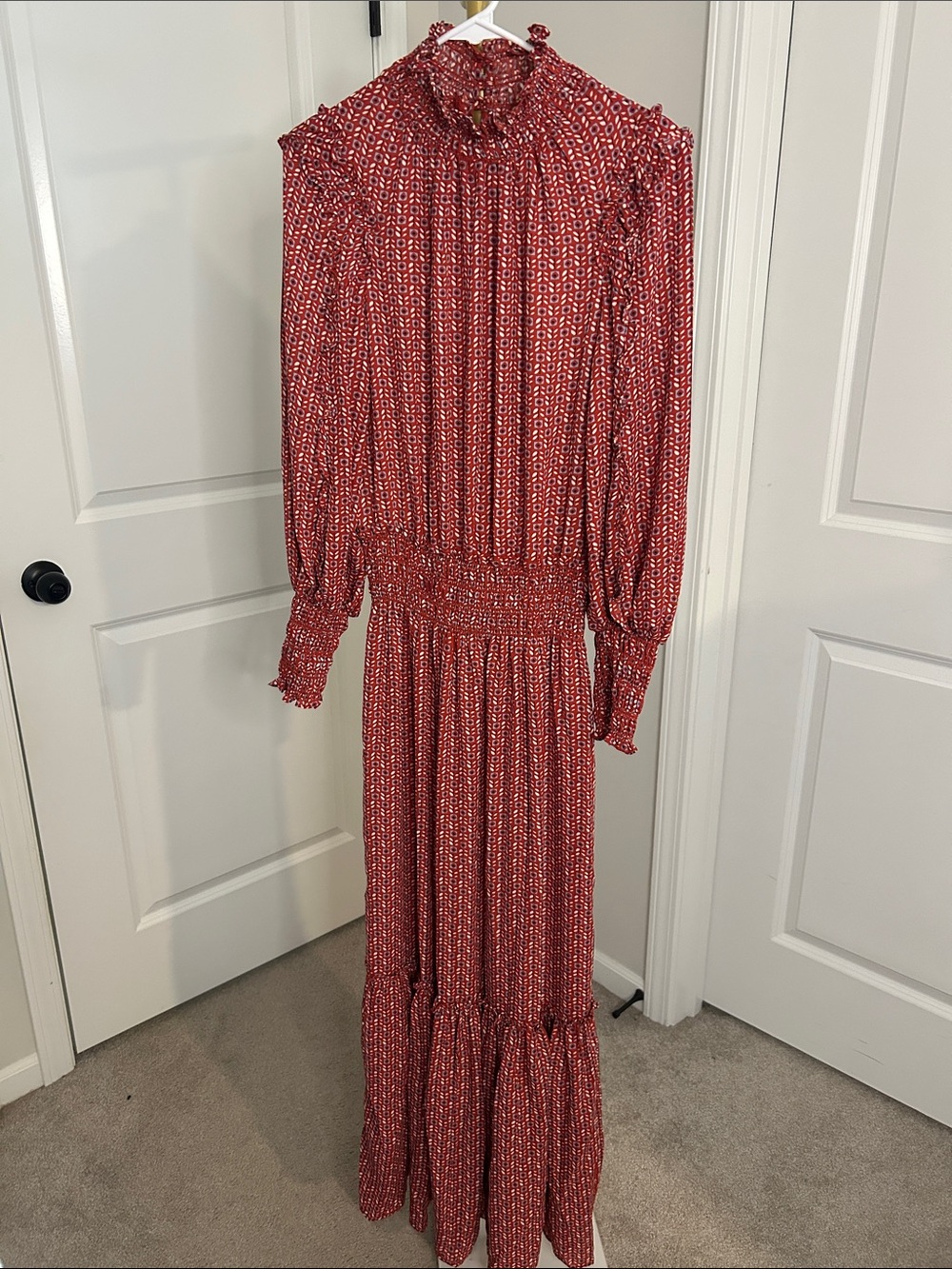 NWT Max Studio Red Printed Long-Sleeve Maxi Dress with Smocked Waist